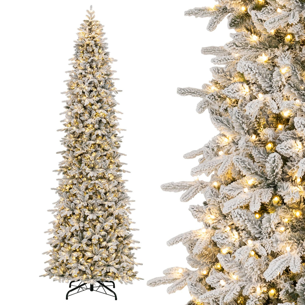 Side view of the 12 ft hinged artificial spruce Christmas tree with 3882 branch tips and warm white LED lights for elegant decor.