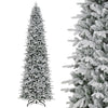 Close-up of the 12 ft hinged artificial spruce Christmas tree showcasing the wintry white flocking and lush branch tips.
