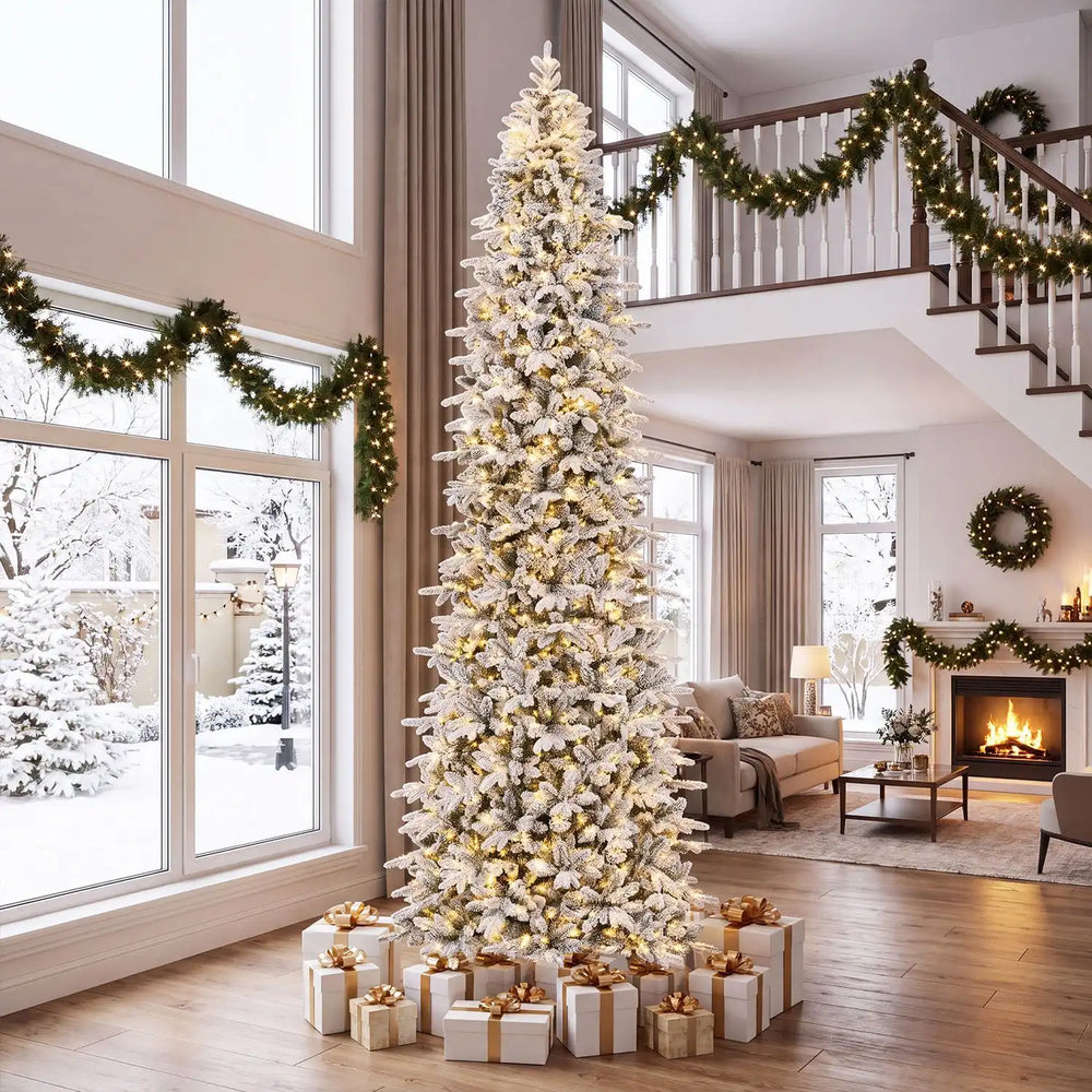 12 ft hinged artificial spruce Xmas tree with 3235 branch tips and 1020 warm white LED lights for a festive holiday display.