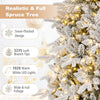 Hinged 12 ft artificial spruce tree with 3235 branch tips, snow-flocked design, and 1020 warm white LED lights for festive decor.