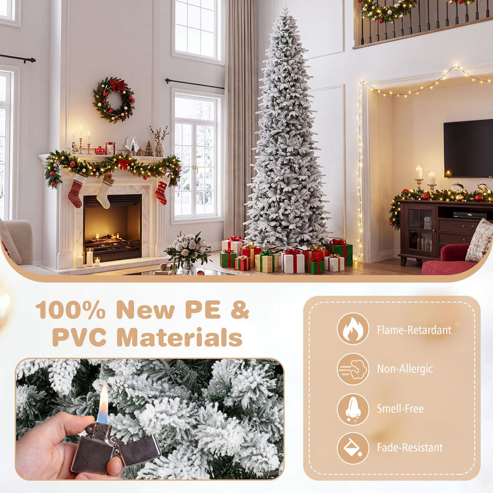 Hinged 12 ft artificial spruce Christmas tree with 3235 branch tips, 1020 warm white LED lights, and flame-retardant materials.