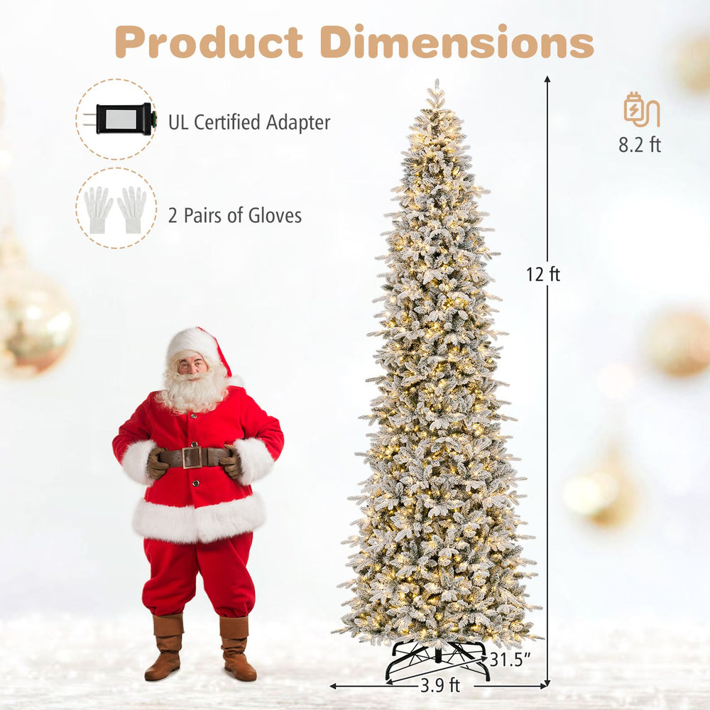 Hinged 12 ft artificial spruce Christmas tree with 1020 warm white LED lights and 3235 branch tips for festive decor.