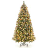 Hinged 6.5 ft Christmas tree with 450 snowy branch tips and 200 warm white LED lights, ideal for festive decoration.