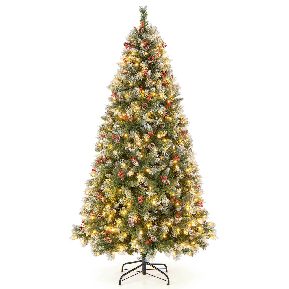 Hinged 6.5 ft Christmas tree with 450 snowy branch tips and 200 warm white LED lights, ideal for festive decoration.