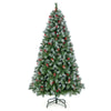 Hinged 6.5 ft Christmas tree with 450 snowy branch tips, 200 warm white LED lights, and red berries for festive decor.