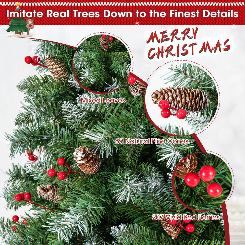 Hinged Christmas tree with 450 PVC branch tips, 200 warm white LED lights, and natural pine cones for festive decor.