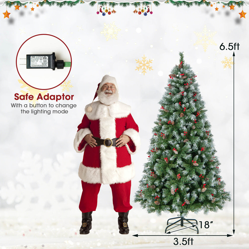 Hinged 6.5 ft Christmas tree with 450 PVC branch tips and 200 warm white LED lights, ideal for festive home decor.