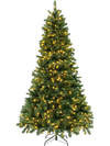 7 ft hinged Christmas tree with PVC branch tips and warm white LED lights, perfect for holiday decoration in any.