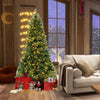 7 ft hinged Christmas tree with warm white LED lights, PVC branch tips, and gifts, perfect for holiday decor.