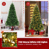 7 ft hinged Christmas tree with 700 warm white LED lights and PVC branch tips, perfect for holiday decor in any setting.