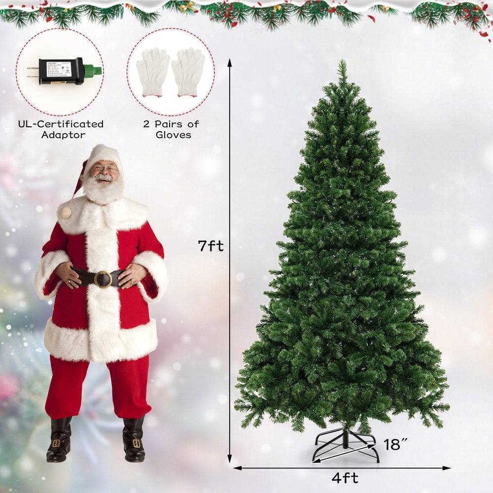 7 ft hinged Christmas tree with PVC branch tips and warm white LED lights, ideal for festive home or office decoration.