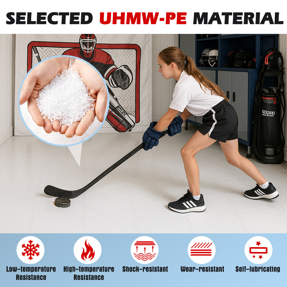 Hockey flooring tiles made of UHMW-PE material, designed for training with a self-lubricating surface for realistic.
