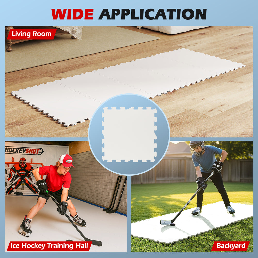 Hockey flooring tiles in a puzzle design, made of UHMW-PE, ideal for training in backyards or indoor spaces.