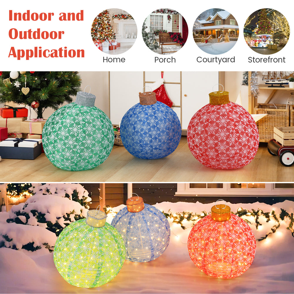 Colorful 3-piece pre-lit Christmas ball set with snowflake patterns and warm white LED lights for indoor and outdoor.