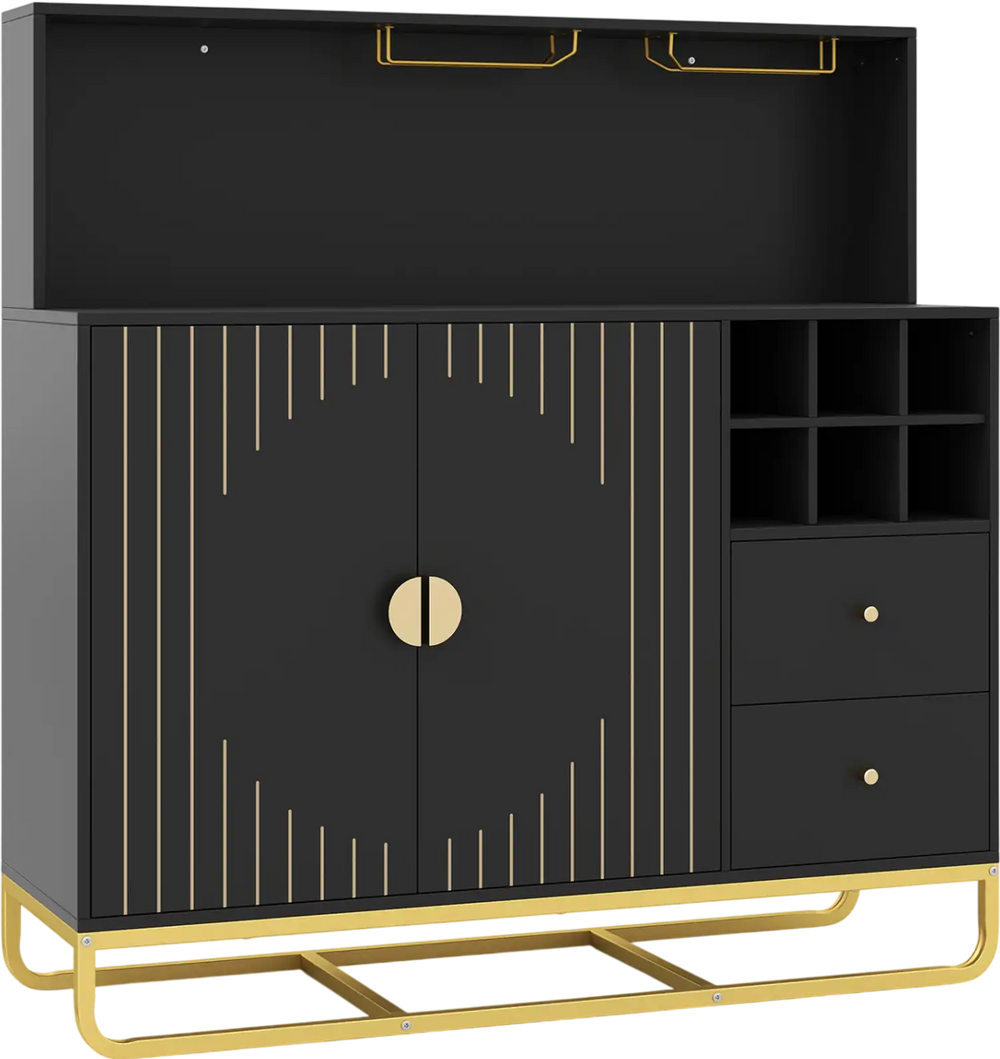 Black home bar cabinet featuring a wine rack, glass holder, adjustable shelf, and two large drawers for ample storage.