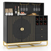 Home bar cabinet in black with gold accents features wine rack, glass holder, adjustable shelf, and ample storage space.