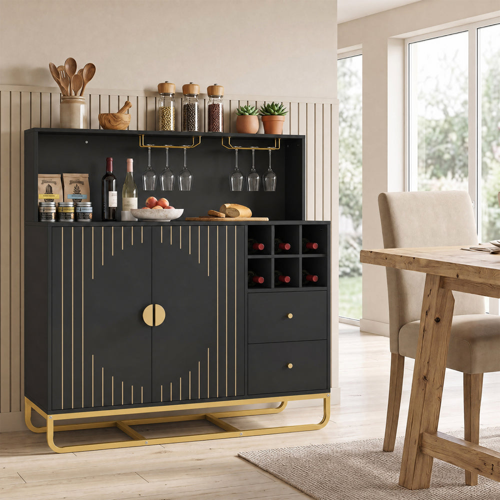 Home bar cabinet in black features a wine rack, glass holder, and adjustable shelf for stylish and organized storage.