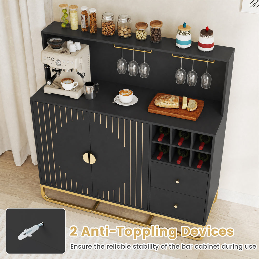 Home bar cabinet in black with wine rack, glass holder, adjustable shelf, and anti-tipping devices for stability.