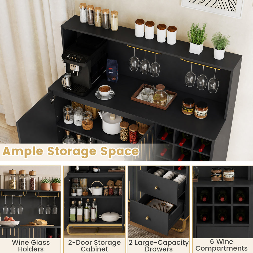 Home bar cabinet in black features wine rack, glass holders, adjustable shelf, and ample storage for versatile use.