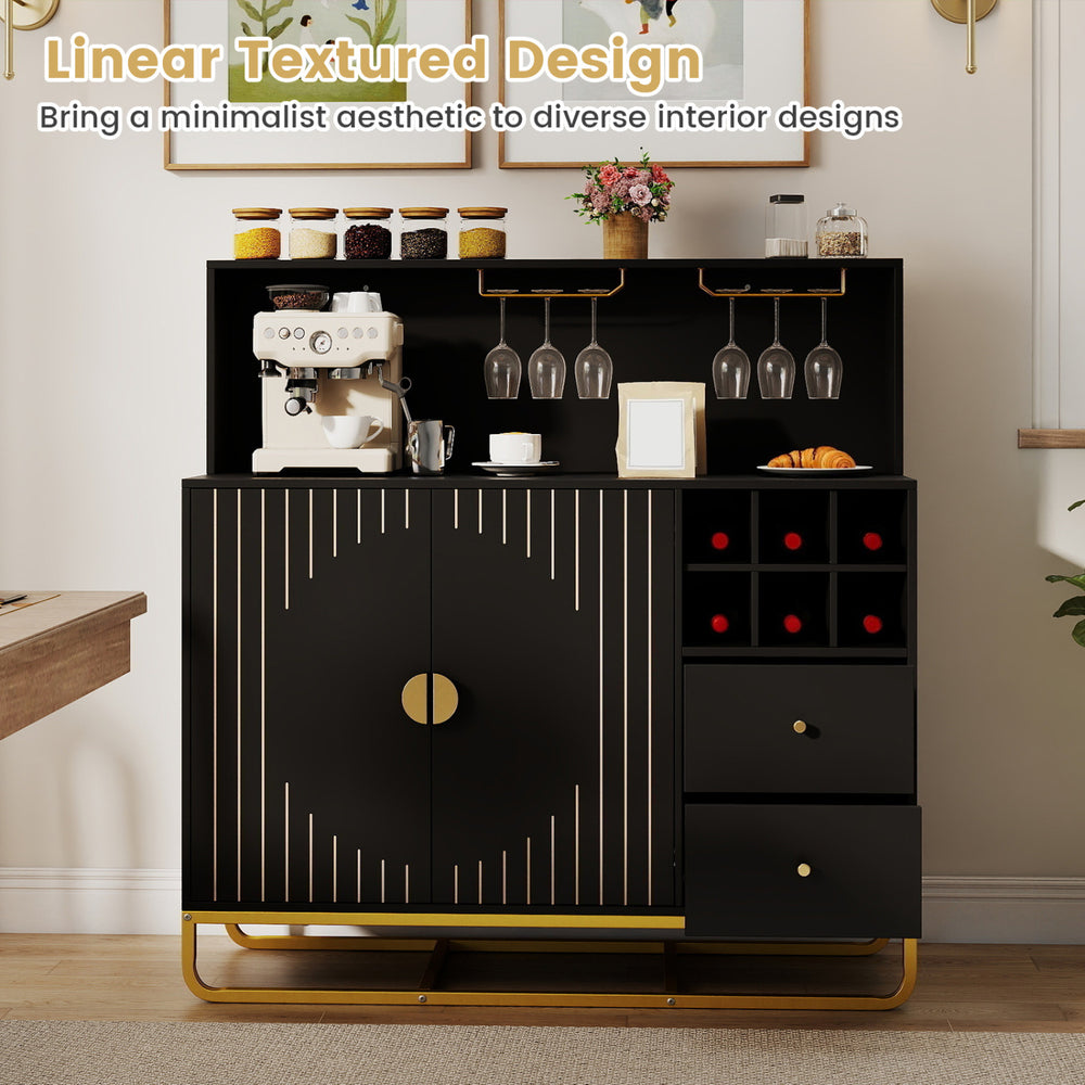 Home bar cabinet in black with wine rack, glass holder, and adjustable shelf for stylish and organized storage.