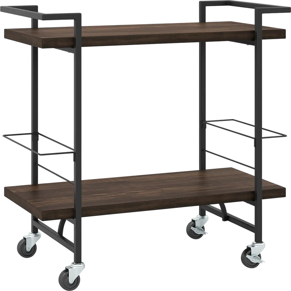2-tier home bar cart in rustic brown with lockable wheels, sturdy metal frame, and spacious top for drinks and snacks.