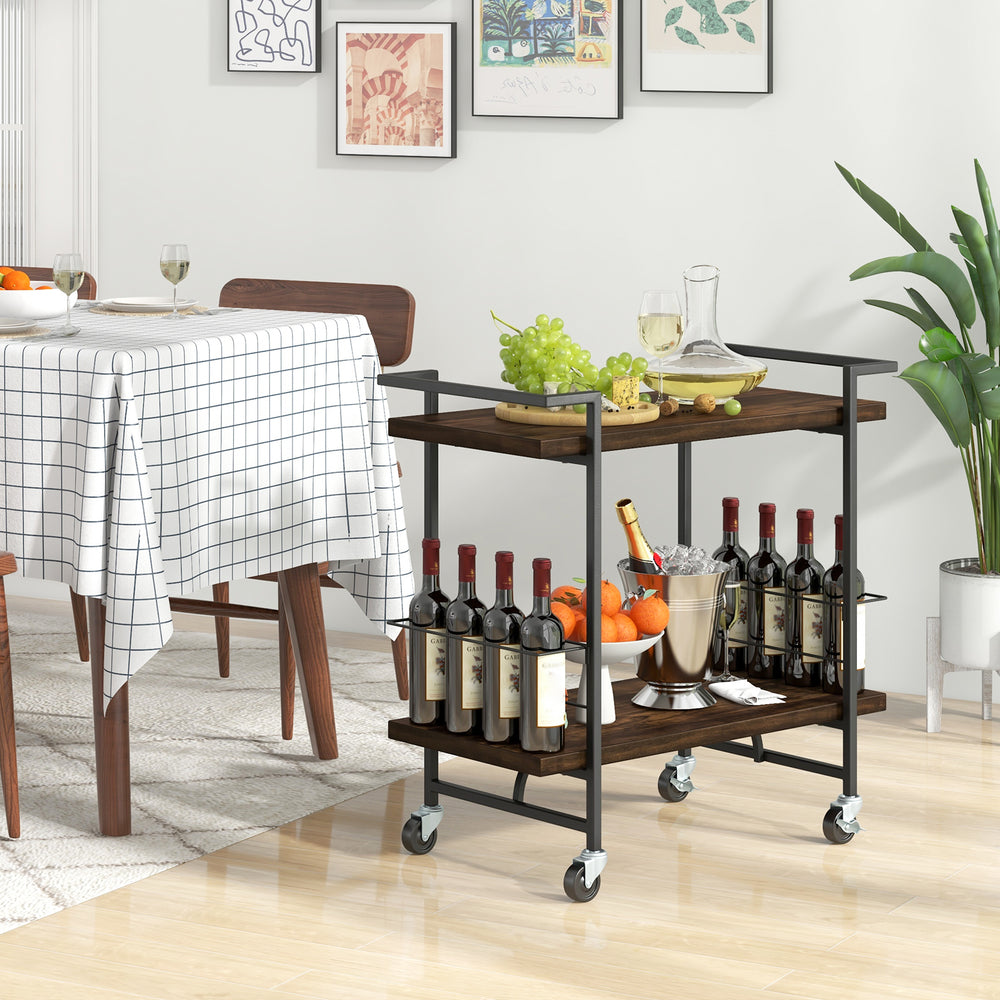 2-tier home bar cart in rustic brown with extra open shelf for wine bottles and lockable wheels for secure placement.