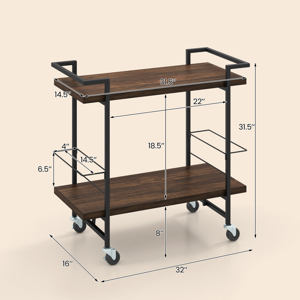 2-tier home bar cart in rustic brown with lockable wheels, sturdy metal frame, and spacious top for easy serving.