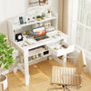 Home office computer desk with storage shelves, drawer, and charging ports, ideal for organized working and studying.
