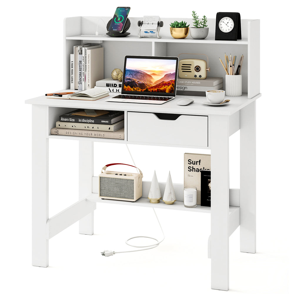 Home office computer desk in white with storage shelves, drawer, and built-in charging ports for organized workspace.