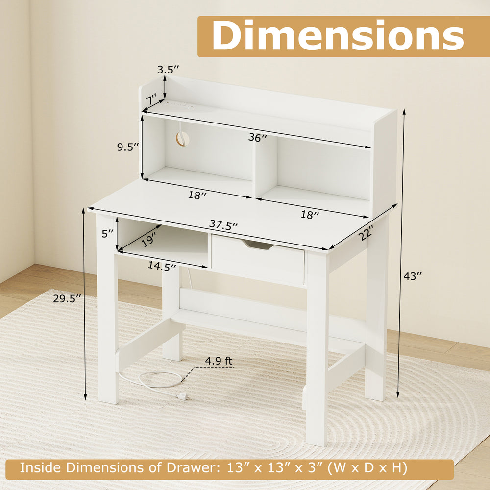 Home office computer desk with storage shelves, featuring dimensions and built-in cable hole for organized workspace.
