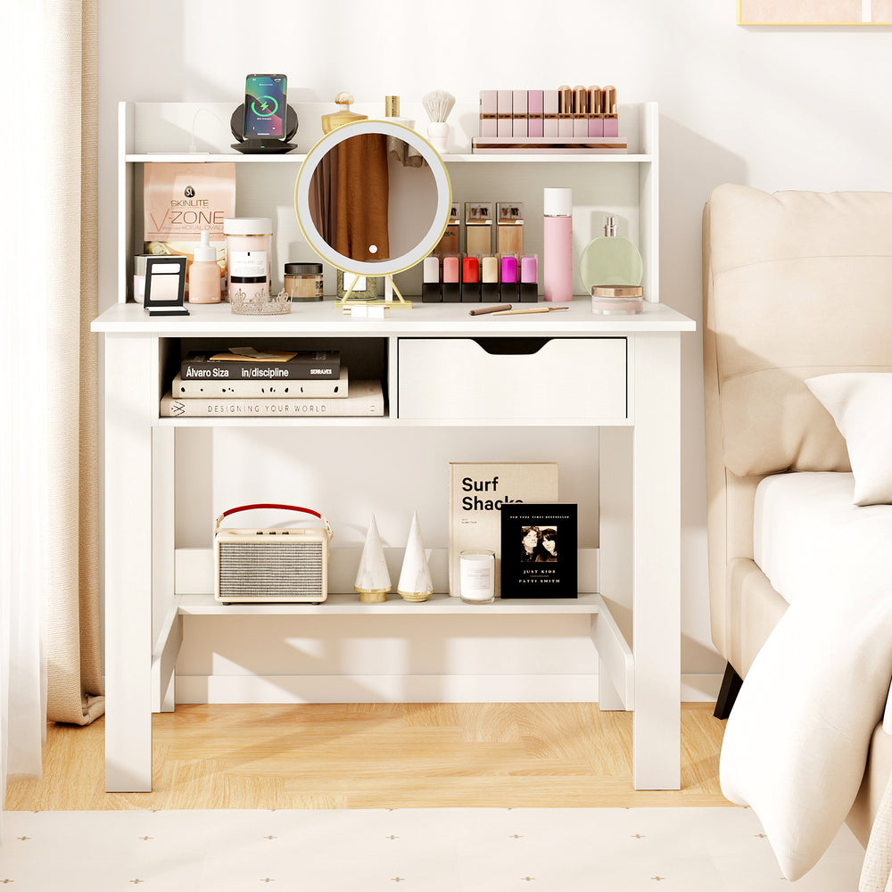 Home office computer desk with storage shelves, drawer, and USB ports, ideal for organizing workspaces.