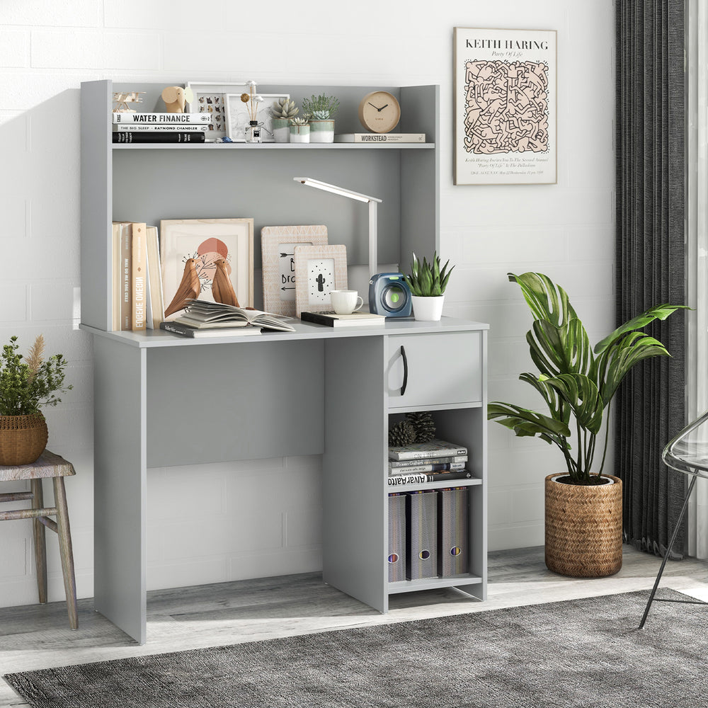 Home office desk in gray featuring a raised display shelf and two open shelves for organized workspace and modern.