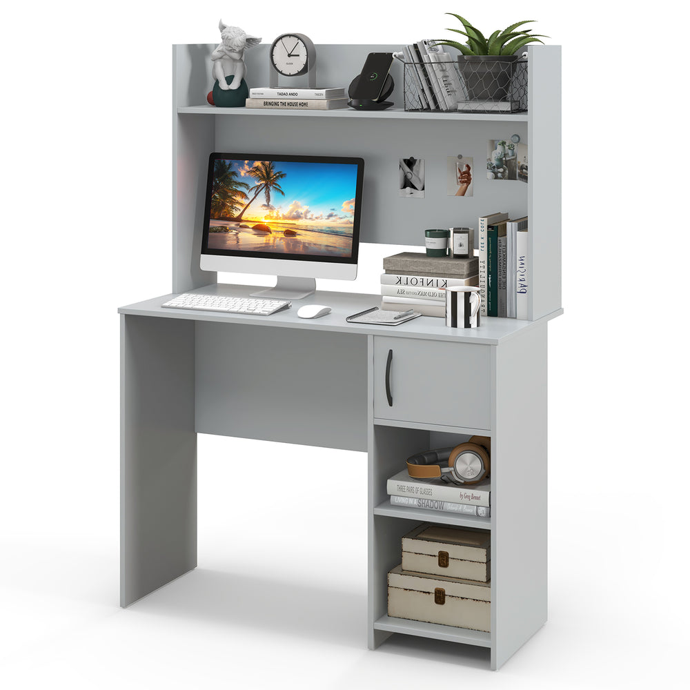 Home office desk in gray with raised display shelf, two open shelves, and ample workspace for organization.