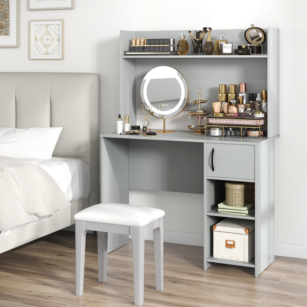 Home office desk in gray with raised display shelf and two open shelves, ideal for workspace organization and style.
