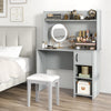 Home office desk in gray with raised display shelf and two open shelves, ideal for workspace organization and style.