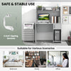 Home office desk in gray with raised display shelf, 2 open shelves, and anti-tipping devices for stable use.