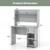 Home office desk in gray with raised display shelf and two open shelves, featuring dimensions for workspace.