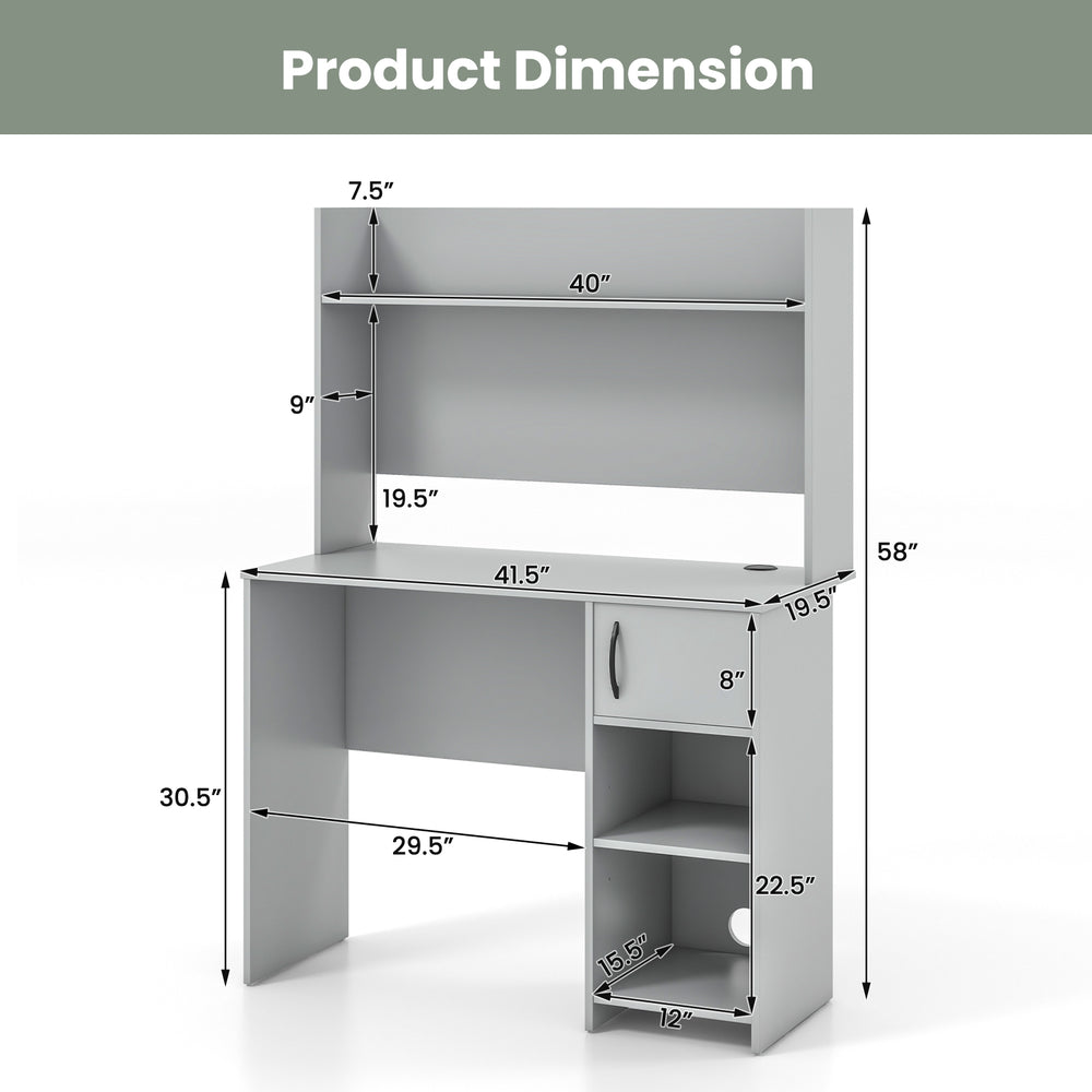 Home office desk in gray with raised display shelf and two open shelves, featuring dimensions for workspace.