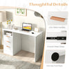 Home office desk in white featuring 3 storage drawers, open compartment, and built-in power outlet for convenient.