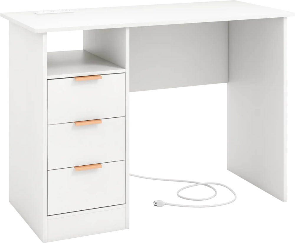 Home office desk in white with 3 storage drawers, open compartment, and built-in power outlet for convenient charging.