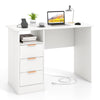 Home office desk in white with an open shelf, showcasing ample storage space for books, files, and office supplies.
