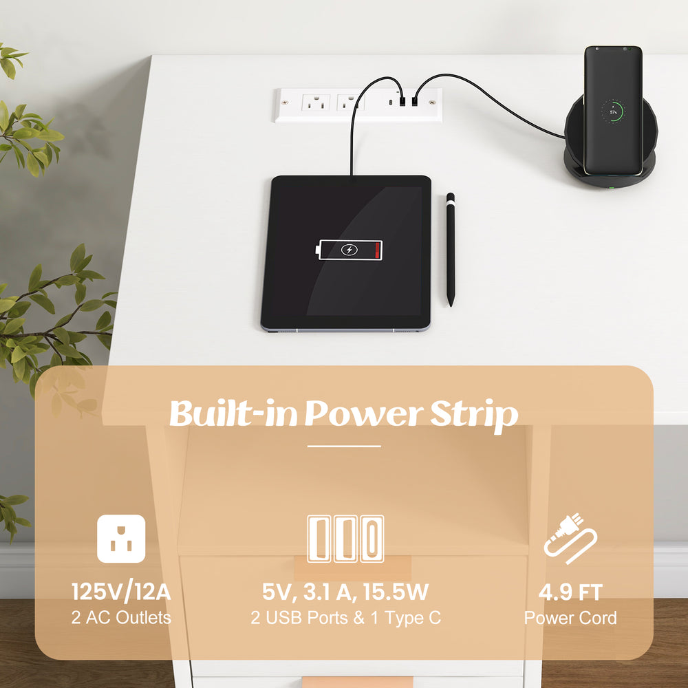 Home office desk in white featuring a built-in power strip with 2 AC outlets and 2 USB ports for convenient charging.