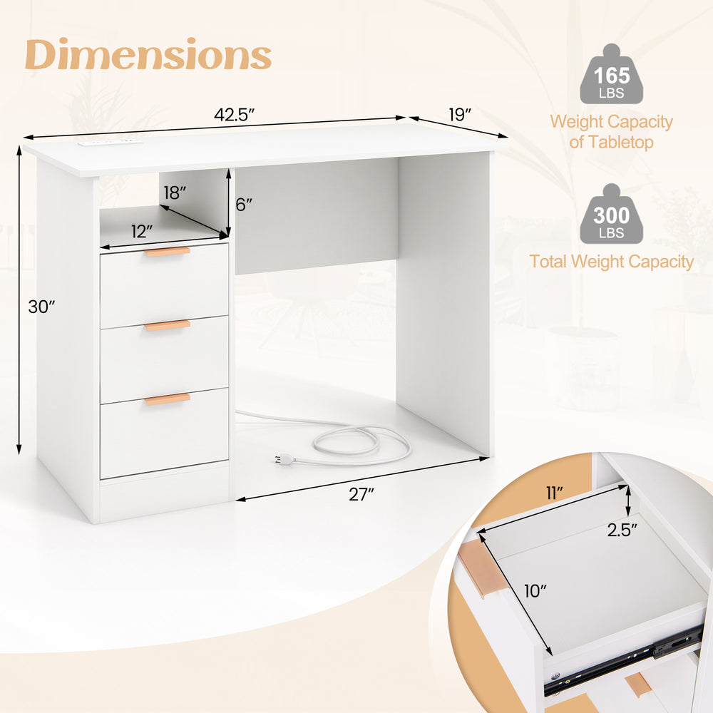 Dimensions of the Home Office Desk in white, showcasing storage drawer measurements and total weight capacity details.