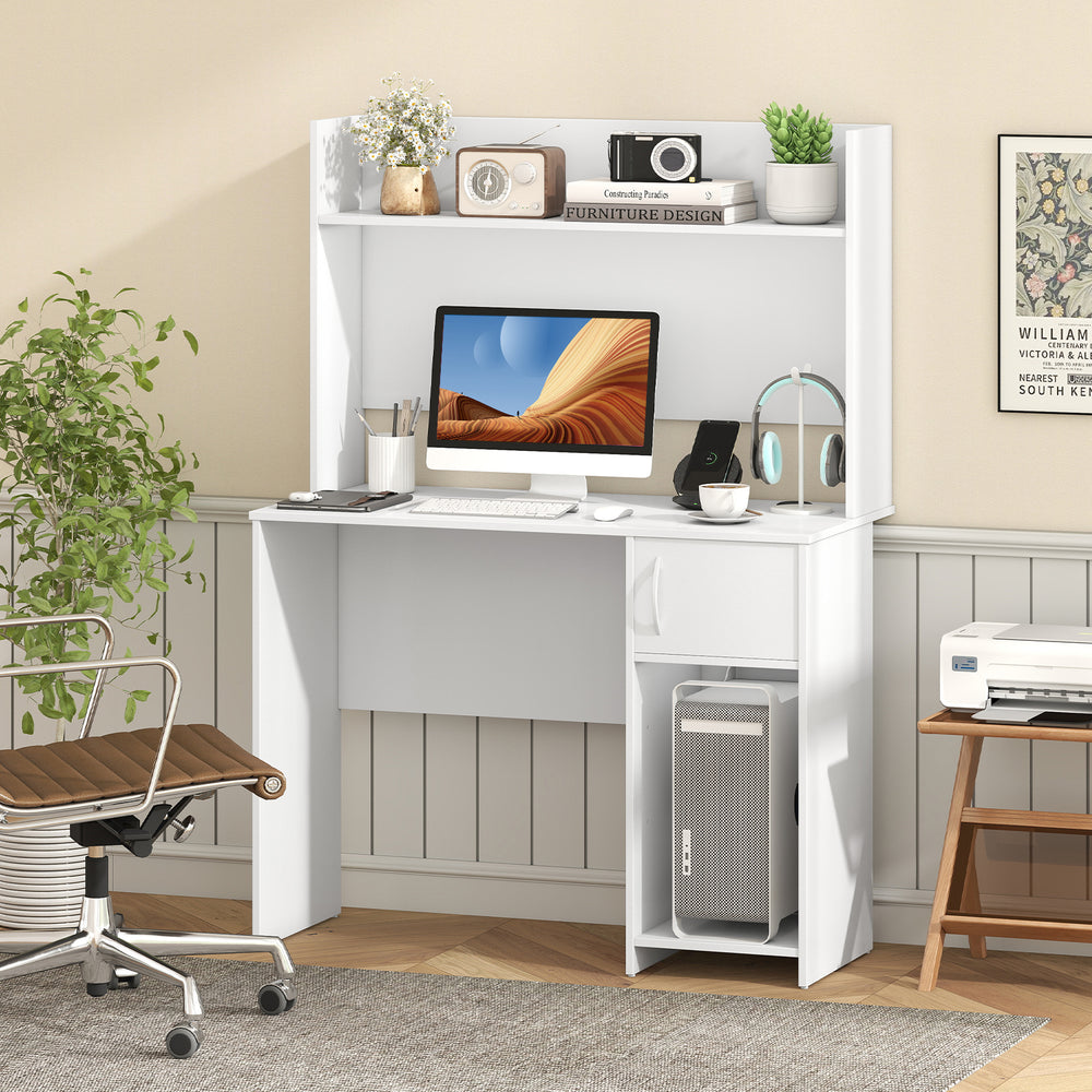 Home Office Desk with Raised Display Shelf and 2 Open Shelves-White - Gallery View 1 of 11