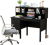 Side view of the 48-inch black computer desk with spacious tabletop and hutch, showcasing organizational features and.