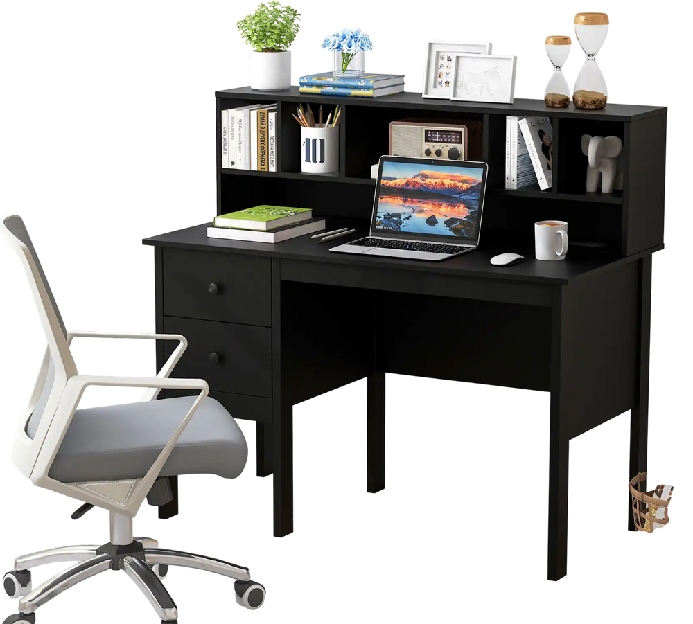 Side view of the 48-inch black computer desk with spacious tabletop and hutch, showcasing organizational features and.