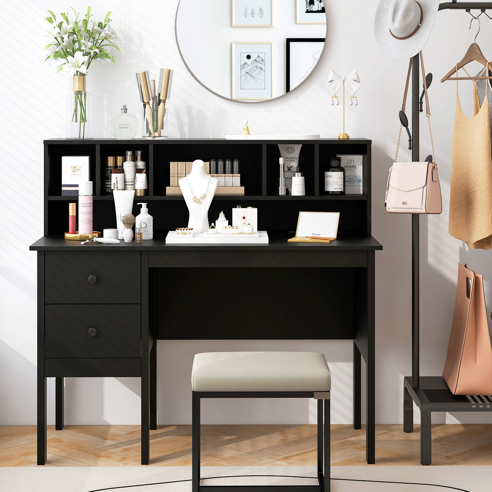 48-inch black computer desk with storage hutch, drawers, and power outlets, ideal for work and study.