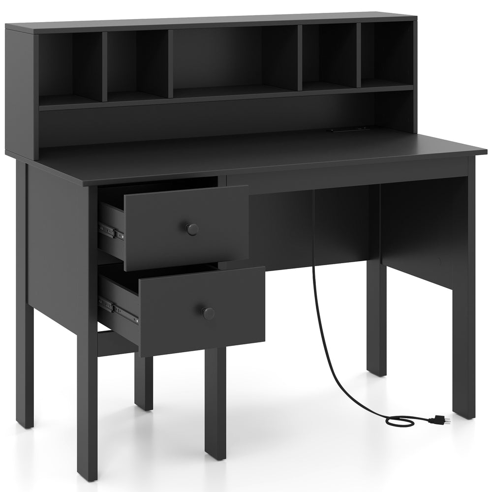 Black 48-inch computer desk with two drawers and a storage hutch, perfect for work and study organization.