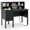 48-inch black computer desk with storage hutch, two drawers, and power outlets, ideal for work and study.