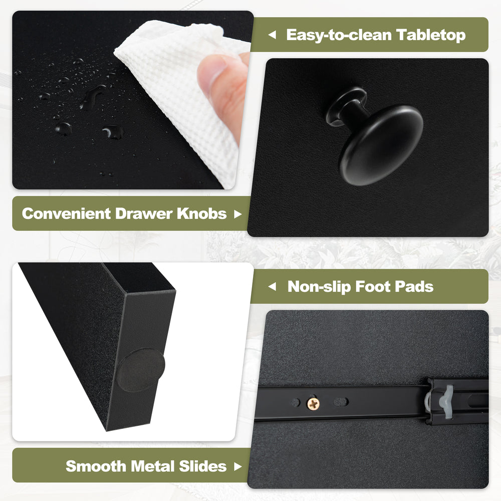 Close-up of the 48-inch black computer desk's easy-to-clean tabletop and convenient drawer knobs for efficient storage.